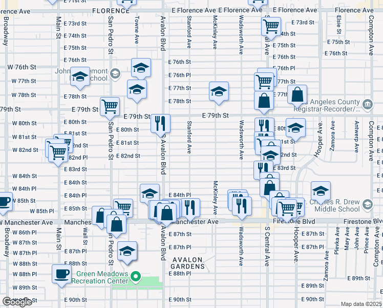 map of restaurants, bars, coffee shops, grocery stores, and more near 652 East 82nd Street in Los Angeles