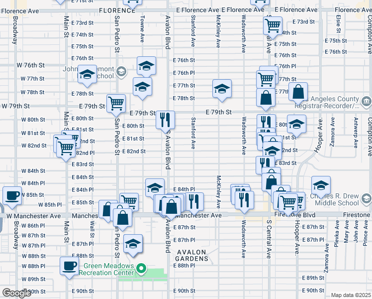 map of restaurants, bars, coffee shops, grocery stores, and more near 652 East 82nd Street in Los Angeles