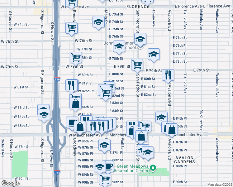 map of restaurants, bars, coffee shops, grocery stores, and more near 152 East 82nd Place in Los Angeles