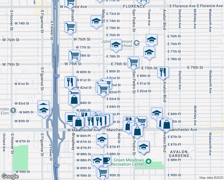 map of restaurants, bars, coffee shops, grocery stores, and more near 152 East 82nd Place in Los Angeles