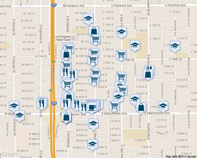 map of restaurants, bars, coffee shops, grocery stores, and more near 8309 South Main Street in Los Angeles