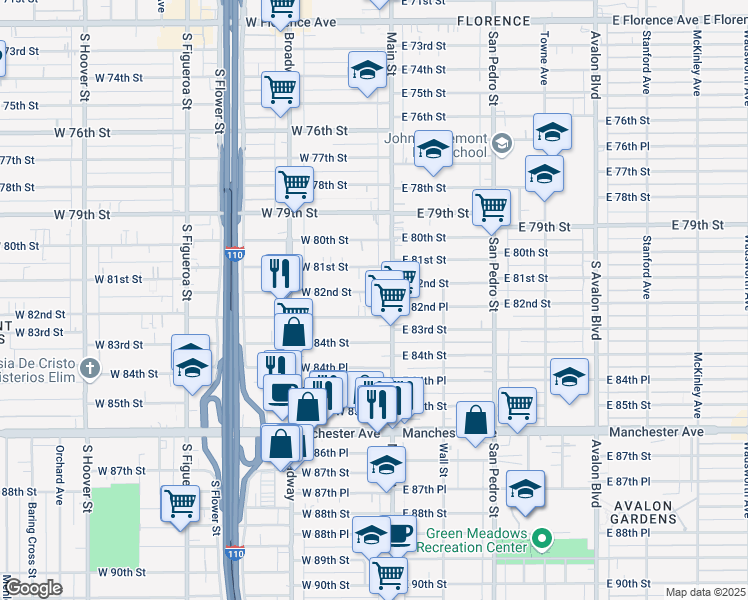 map of restaurants, bars, coffee shops, grocery stores, and more near 129 West 83rd Street in Los Angeles