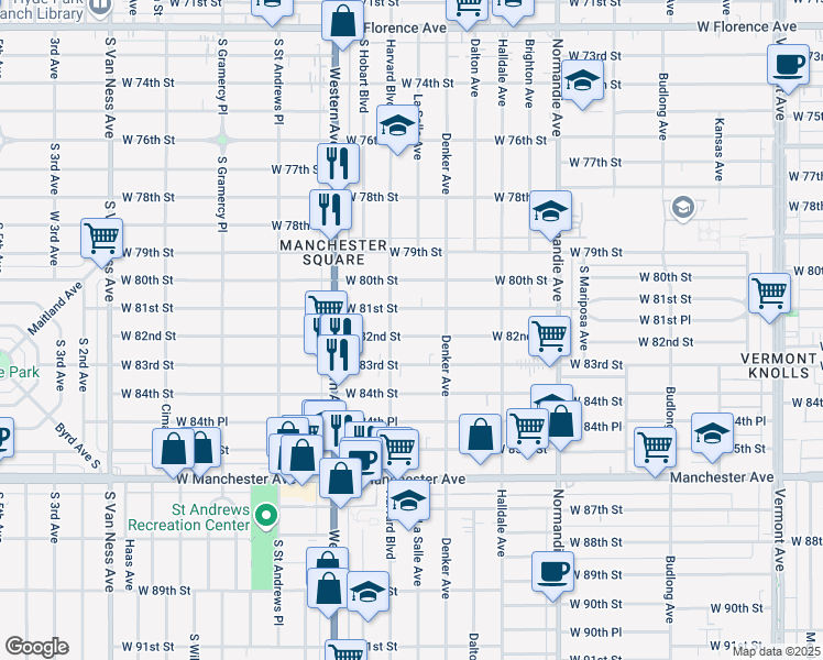 map of restaurants, bars, coffee shops, grocery stores, and more near 1652 West 82nd Street in Los Angeles