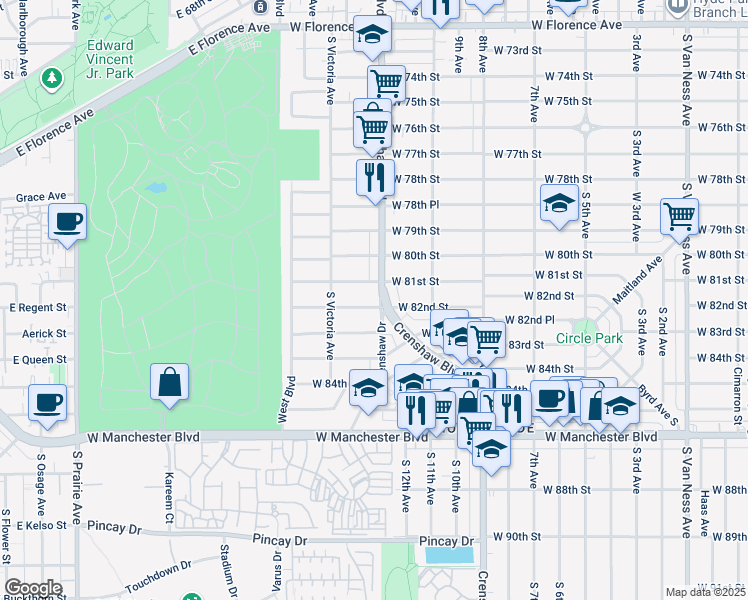 map of restaurants, bars, coffee shops, grocery stores, and more near in Inglewood