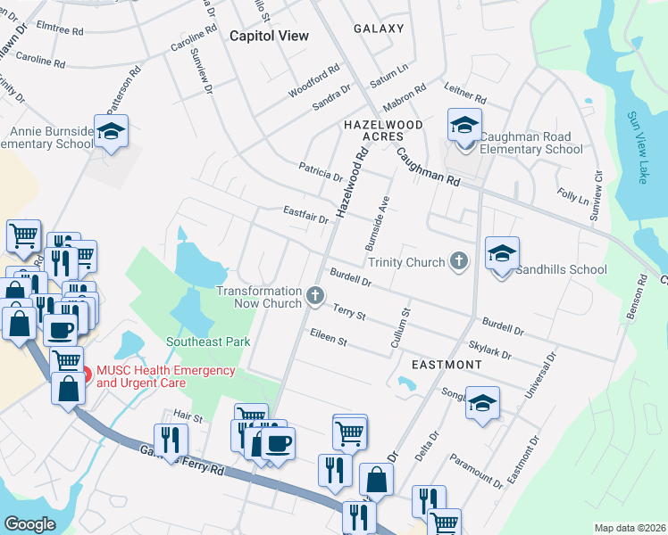 map of restaurants, bars, coffee shops, grocery stores, and more near 1332 Hazelwood Road in Columbia