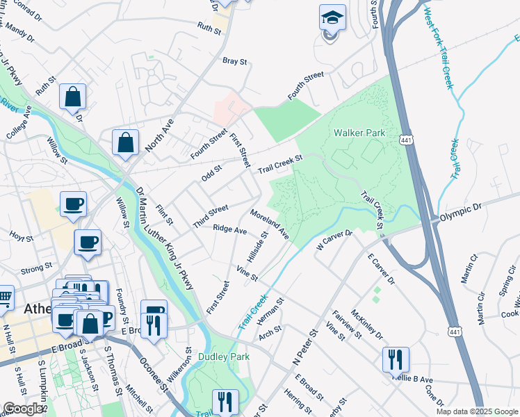 map of restaurants, bars, coffee shops, grocery stores, and more near 109 Moreland Avenue in Athens