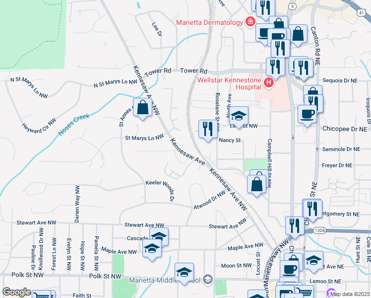 map of restaurants, bars, coffee shops, grocery stores, and more near 600 Kennesaw Avenue Northwest in Marietta