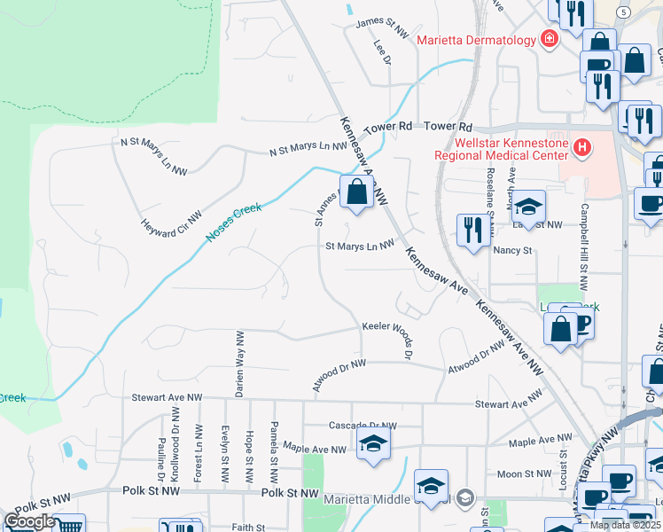 map of restaurants, bars, coffee shops, grocery stores, and more near 508 Saint Annes Road Northwest in Marietta