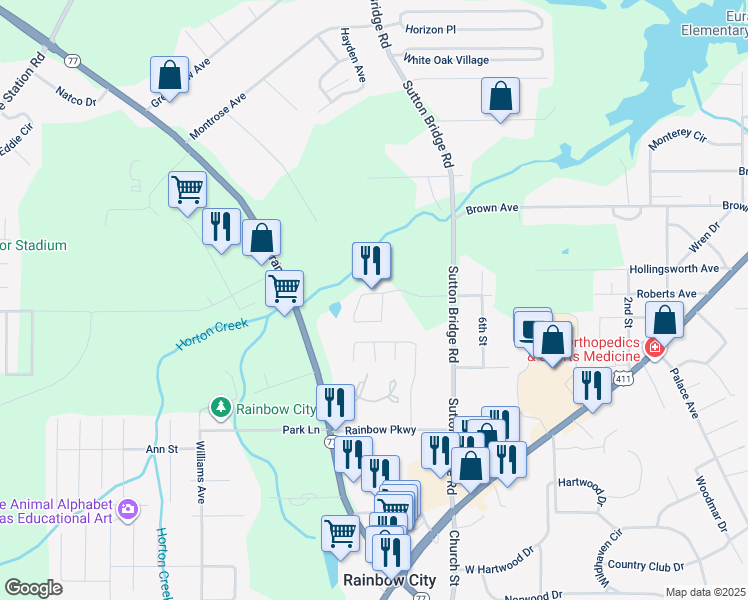 map of restaurants, bars, coffee shops, grocery stores, and more near 98 Sutton Circle in Rainbow City
