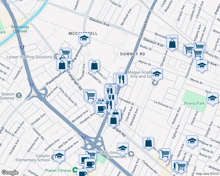 map of restaurants, bars, coffee shops, grocery stores, and more near 8339 Manzanar Avenue in Pico Rivera