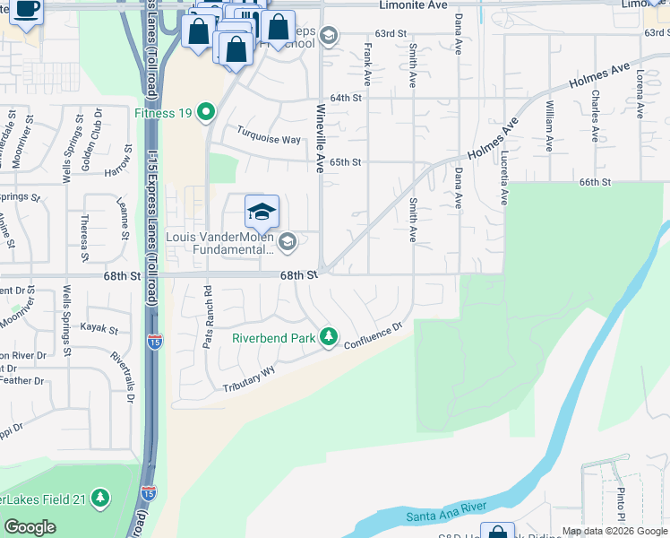 map of restaurants, bars, coffee shops, grocery stores, and more near 11776 Holmes Avenue in Jurupa Valley