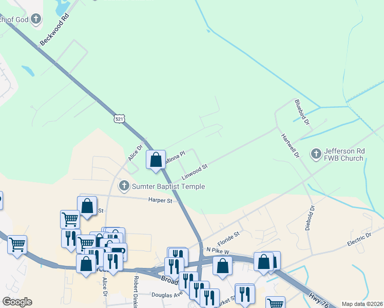map of restaurants, bars, coffee shops, grocery stores, and more near 1520 Sage Street in Sumter