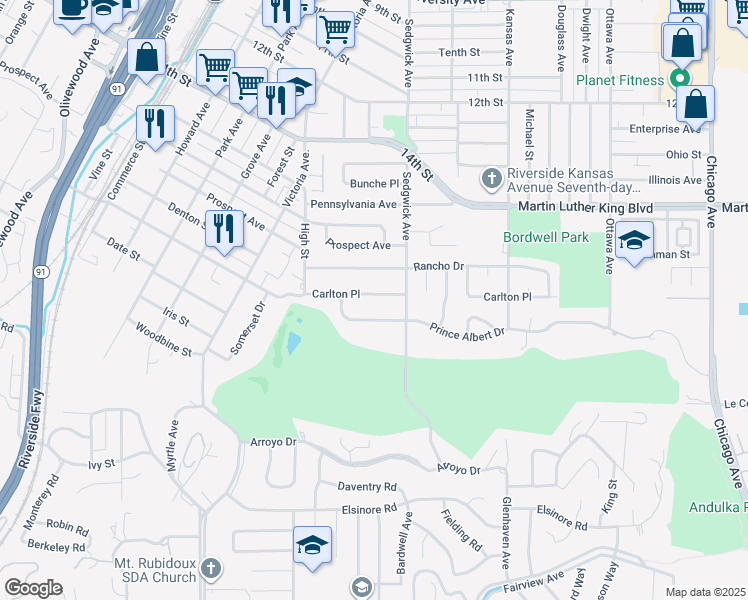 map of restaurants, bars, coffee shops, grocery stores, and more near 2460 Carlton Place in Riverside