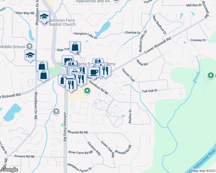 map of restaurants, bars, coffee shops, grocery stores, and more near 683 Highland Court in Marietta
