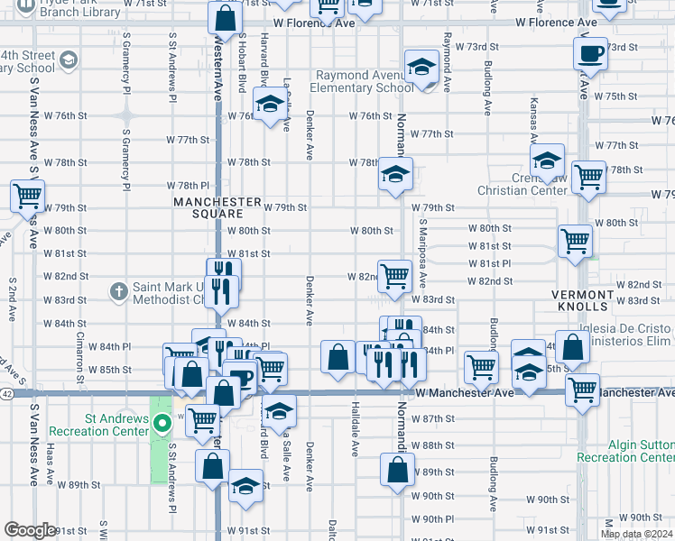 map of restaurants, bars, coffee shops, grocery stores, and more near 1523 West 82nd Street in Los Angeles
