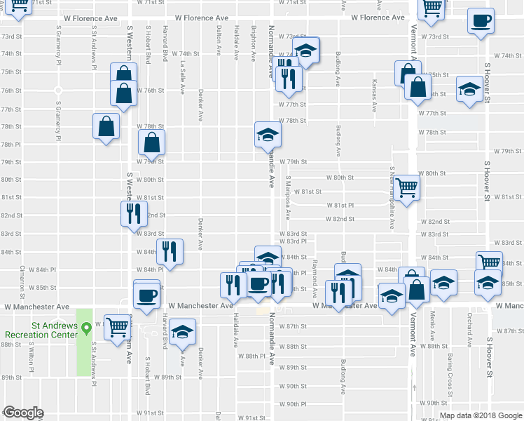 map of restaurants, bars, coffee shops, grocery stores, and more near 1417 West 82nd Street in Los Angeles