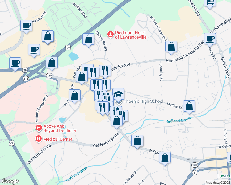 map of restaurants, bars, coffee shops, grocery stores, and more near 185 McConnell Dr in Lawrenceville