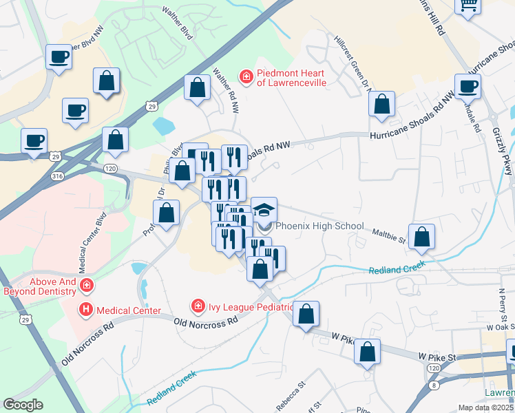 map of restaurants, bars, coffee shops, grocery stores, and more near 190 McConnell Drive in Lawrenceville