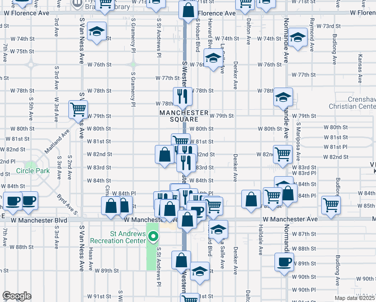 map of restaurants, bars, coffee shops, grocery stores, and more near 1734 West 82nd Street in Los Angeles