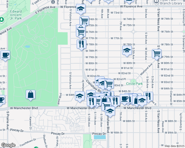 map of restaurants, bars, coffee shops, grocery stores, and more near 3309 West 82nd Street in Inglewood