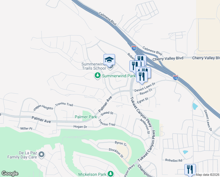 map of restaurants, bars, coffee shops, grocery stores, and more near 1152 Poinsettia Circle in Calimesa