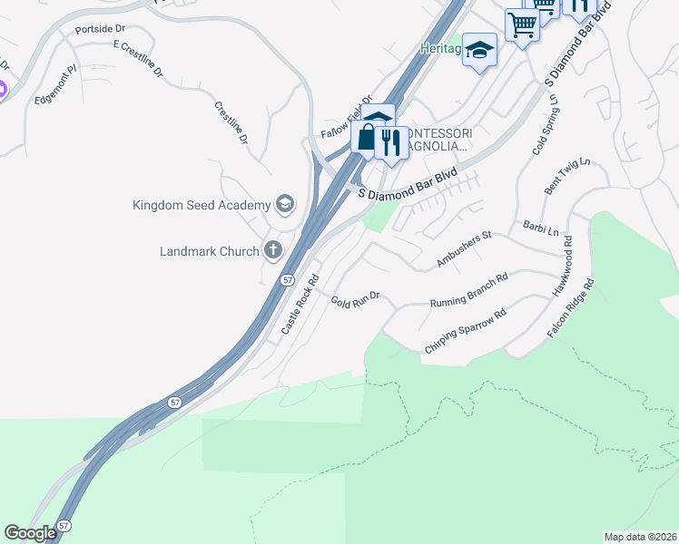 map of restaurants, bars, coffee shops, grocery stores, and more near 3515 Crooked Creek Drive in Diamond Bar
