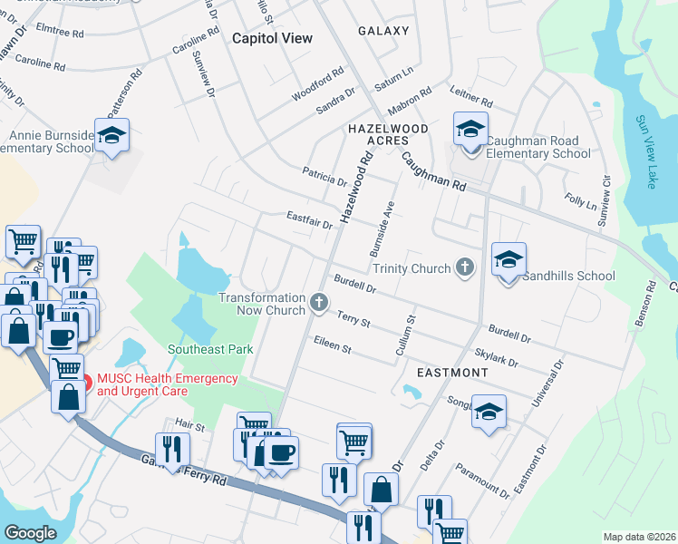 map of restaurants, bars, coffee shops, grocery stores, and more near 1332 Hazelwood Road in Columbia