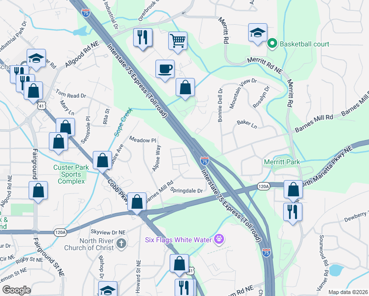 map of restaurants, bars, coffee shops, grocery stores, and more near 701 Glenivy in Marietta