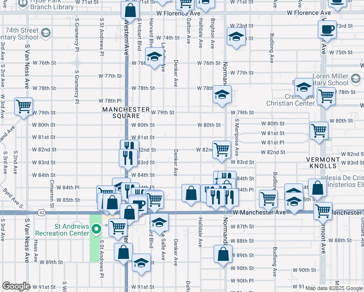 map of restaurants, bars, coffee shops, grocery stores, and more near 1547 West 82nd Street in Los Angeles