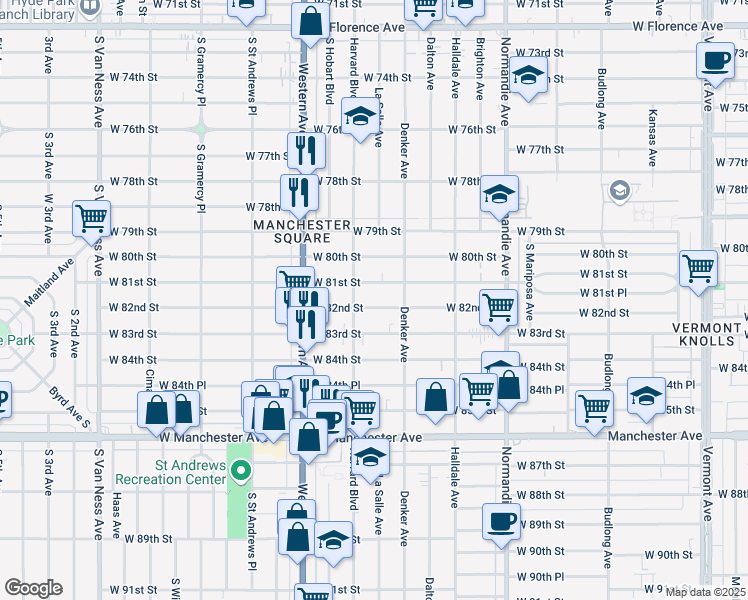 map of restaurants, bars, coffee shops, grocery stores, and more near 1652 West 82nd Street in Los Angeles