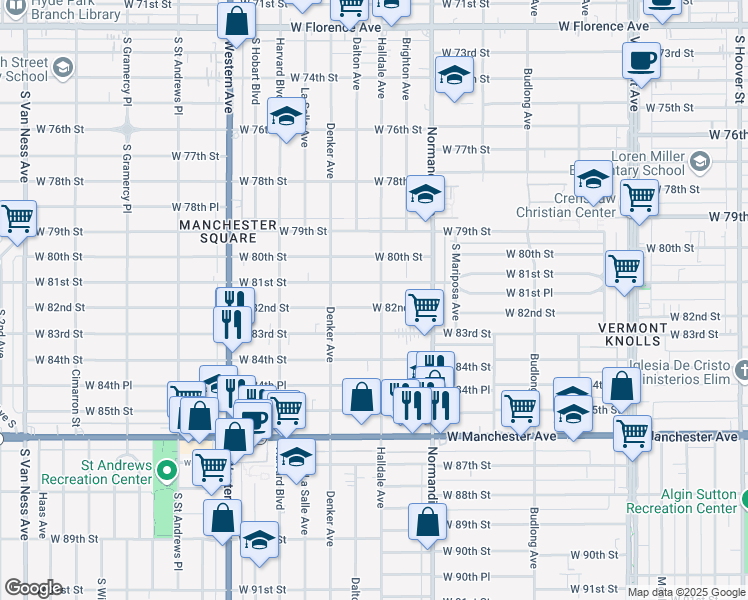 map of restaurants, bars, coffee shops, grocery stores, and more near 1507 West 82nd Street in Los Angeles