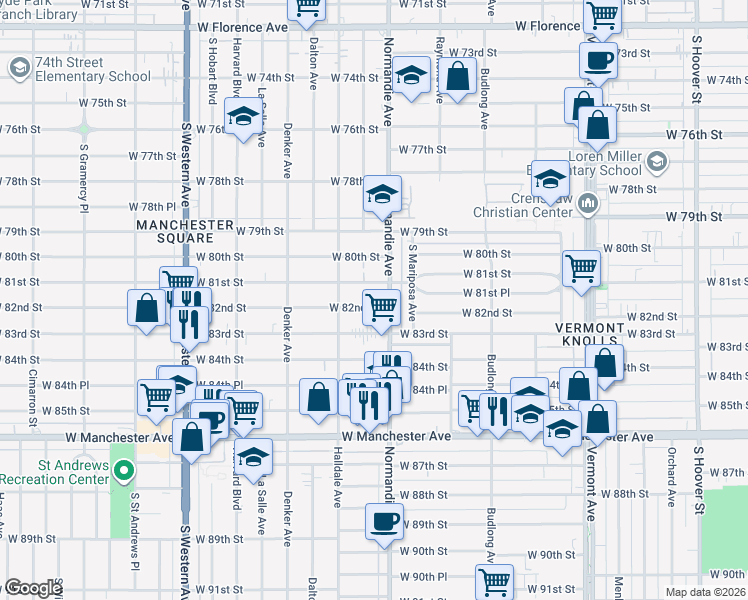map of restaurants, bars, coffee shops, grocery stores, and more near 1417 West 82nd Street in Los Angeles