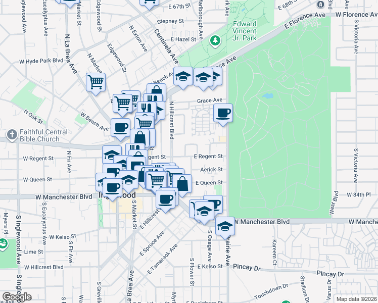 map of restaurants, bars, coffee shops, grocery stores, and more near 204 Regent Circle in Inglewood