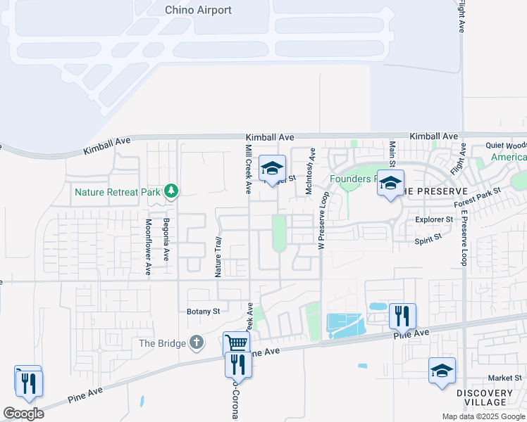 map of restaurants, bars, coffee shops, grocery stores, and more near 7932 Spring Hill Street in Chino
