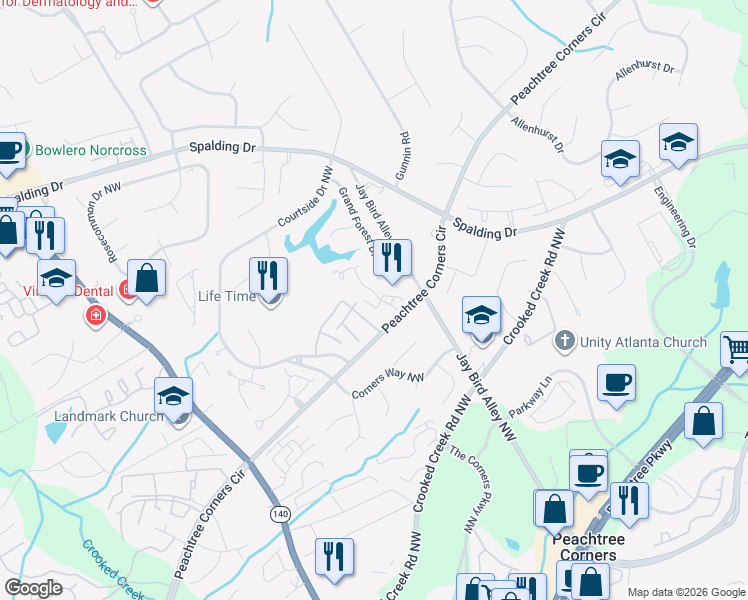 map of restaurants, bars, coffee shops, grocery stores, and more near 100 Wynfield Trce in Peachtree Corners