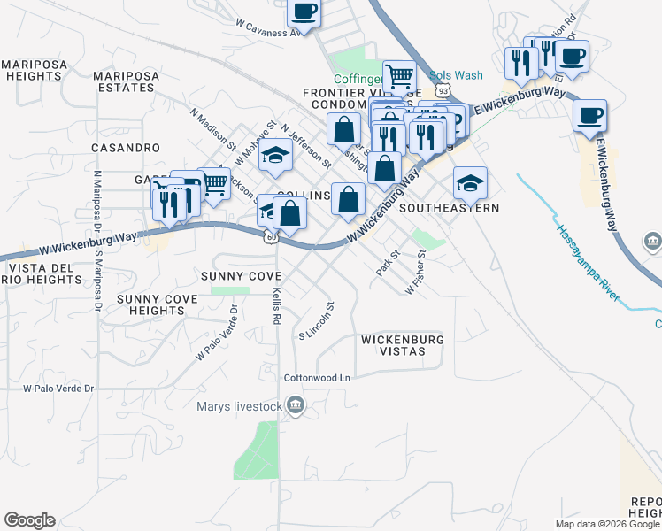 map of restaurants, bars, coffee shops, grocery stores, and more near 148 S Jackson St in Wickenburg