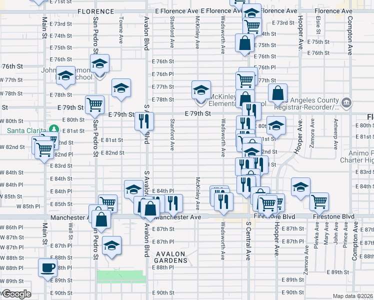 map of restaurants, bars, coffee shops, grocery stores, and more near 735 East 82nd Street in Los Angeles