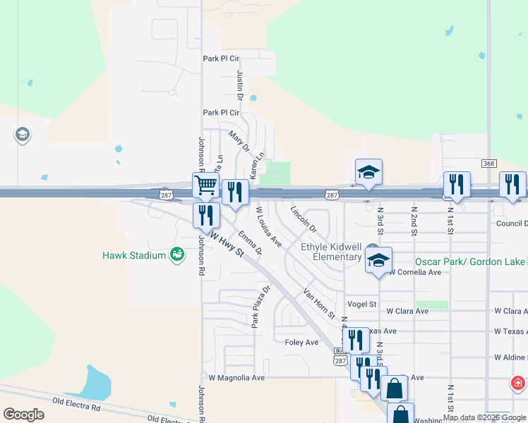 map of restaurants, bars, coffee shops, grocery stores, and more near 1128 West Louisa Avenue in Iowa Park