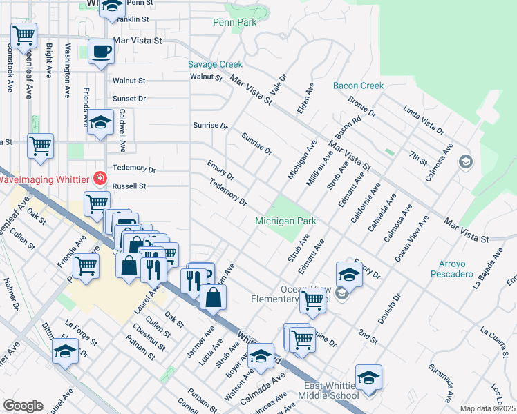 map of restaurants, bars, coffee shops, grocery stores, and more near 8239 Michigan Avenue in Whittier