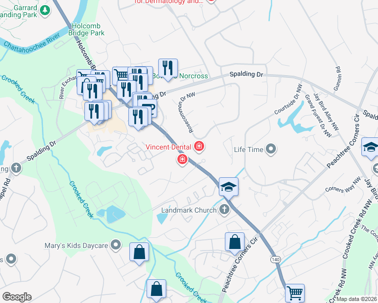 map of restaurants, bars, coffee shops, grocery stores, and more near in Peachtree Corners