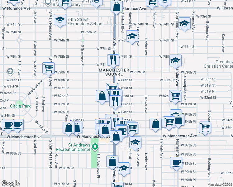 map of restaurants, bars, coffee shops, grocery stores, and more near 8118 South Western Avenue in Los Angeles