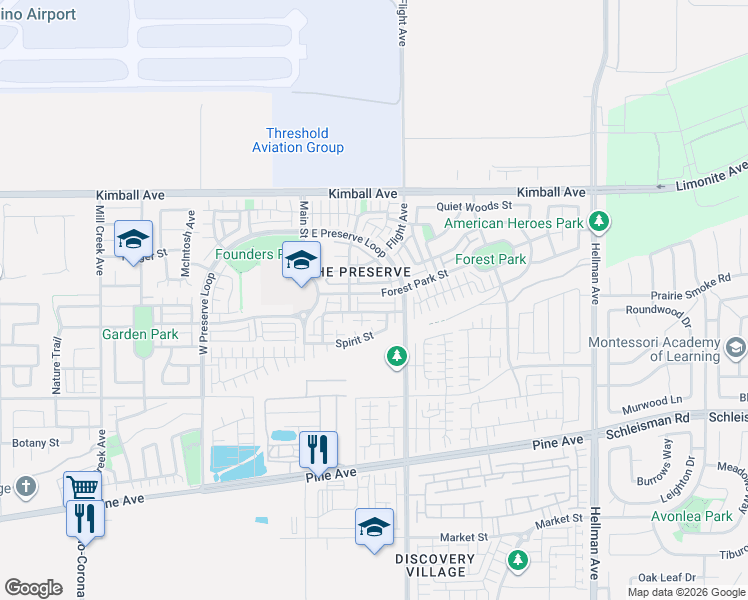 map of restaurants, bars, coffee shops, grocery stores, and more near 8435 Forest Park Street in Chino