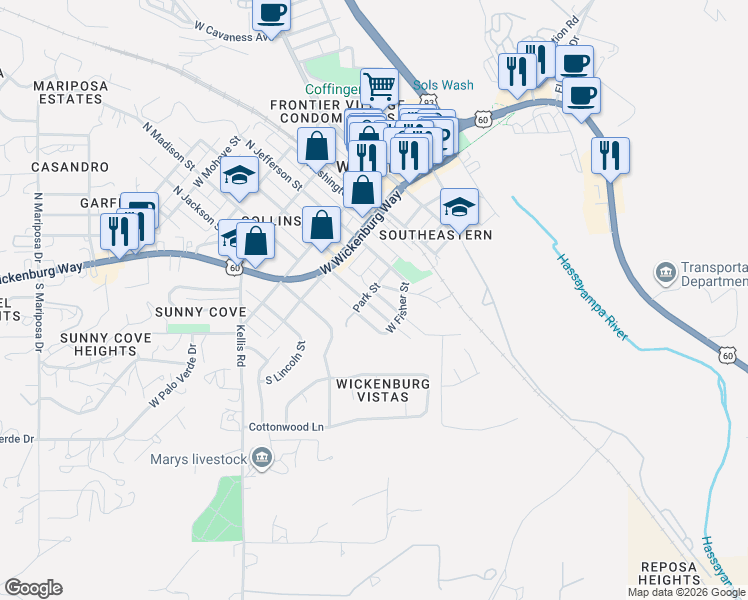 map of restaurants, bars, coffee shops, grocery stores, and more near 229 South Mesquite Street in Wickenburg