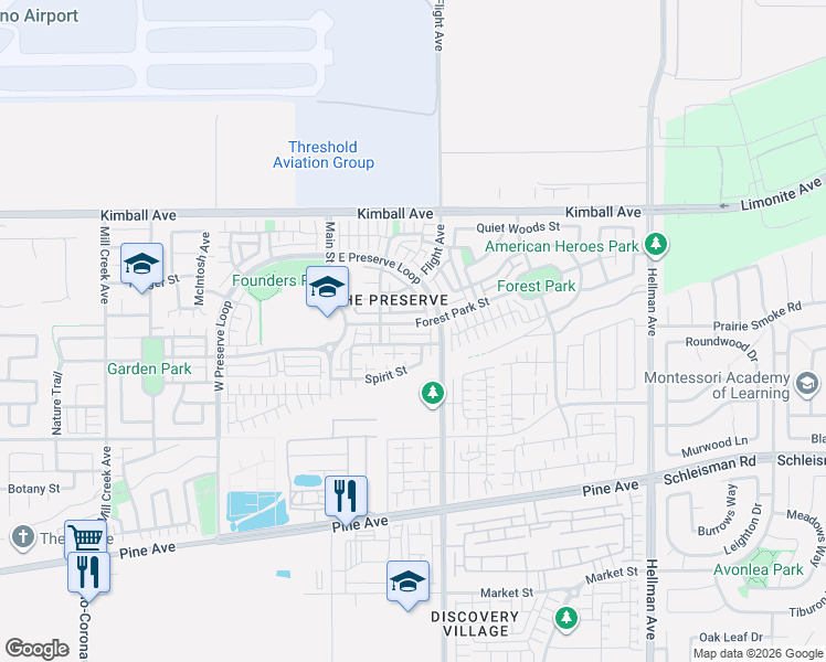 map of restaurants, bars, coffee shops, grocery stores, and more near 15924 East Preserve Loop in Chino
