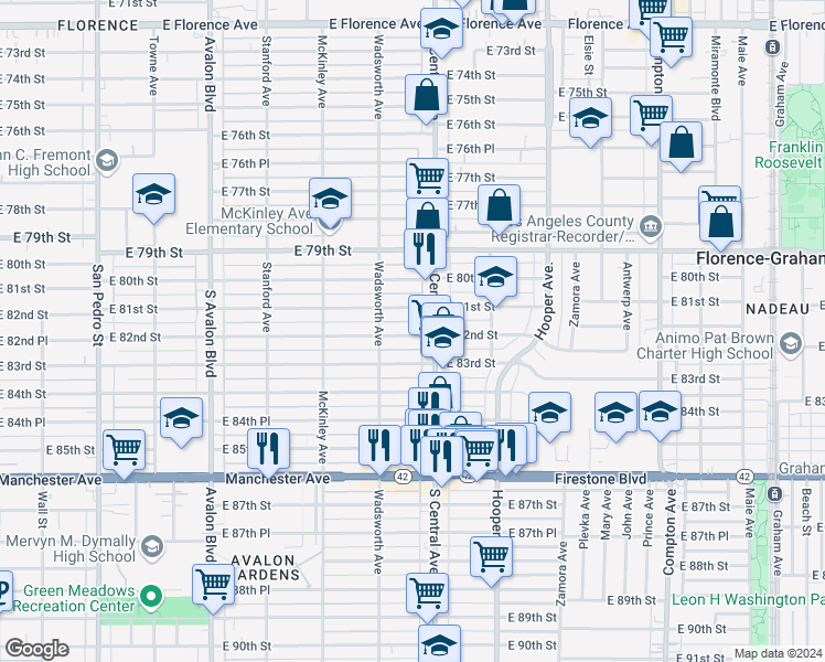 map of restaurants, bars, coffee shops, grocery stores, and more near 1009 East 82nd Street in Los Angeles