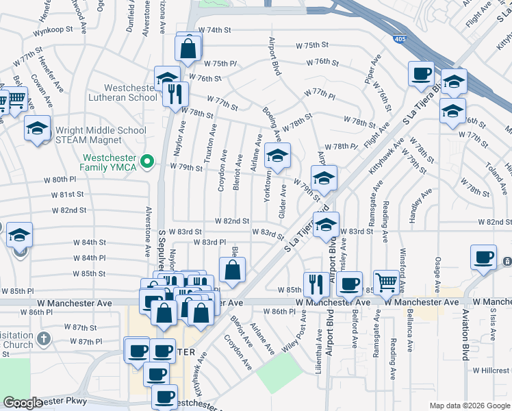 map of restaurants, bars, coffee shops, grocery stores, and more near 8122 Airlane Avenue in Los Angeles