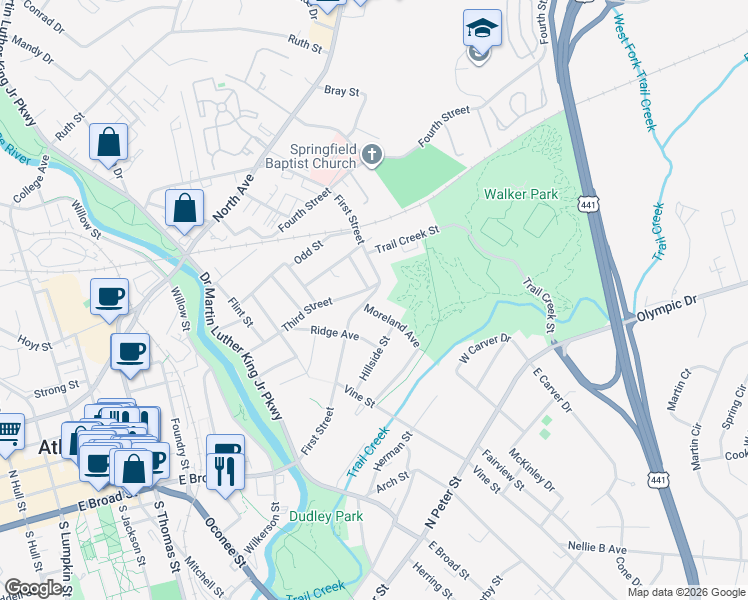map of restaurants, bars, coffee shops, grocery stores, and more near 230 First Street in Athens