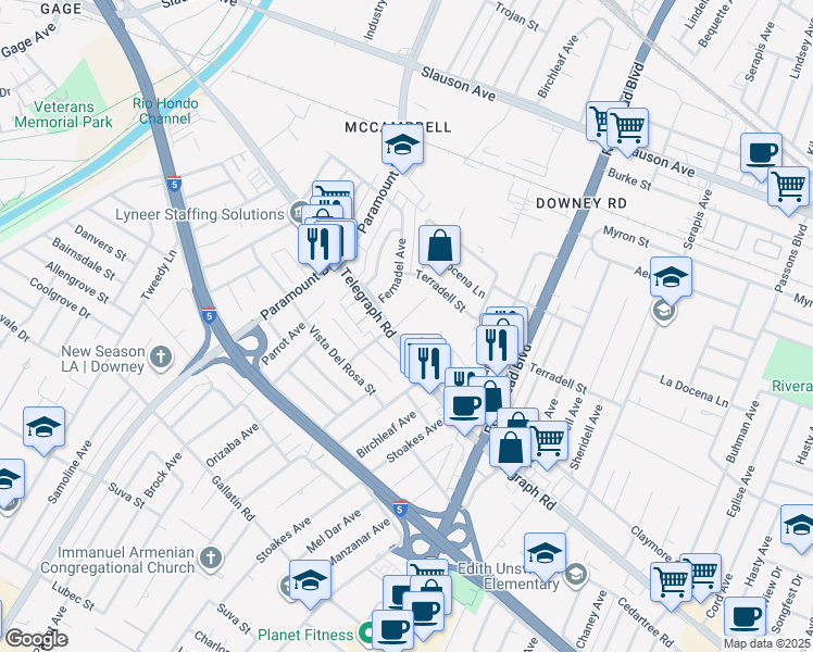 map of restaurants, bars, coffee shops, grocery stores, and more near 8337 Telegraph Road in Pico Rivera