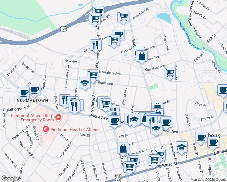 map of restaurants, bars, coffee shops, grocery stores, and more near 148 Virginia Avenue in Athens