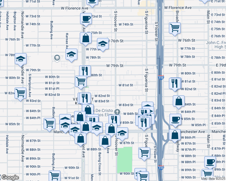 map of restaurants, bars, coffee shops, grocery stores, and more near 8119 South Hoover Street in Los Angeles